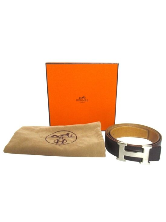 Hermes Constance Hmartelee Giboshi Reversible Belt 80 Brown Beige Silver
